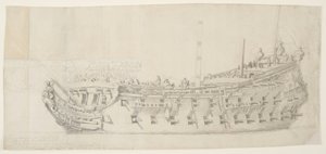 The French Man-O-War Royale Thérese, 1673 (sort kridt med grå vask på medium glat cremelagt papir)